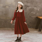 女童裙子秋冬款2023洋气娃娃领加绒酒红色长裙女孩冬季连衣裙