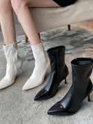 白色高跟靴子女2023春秋季尖头短靴女细跟瘦瘦靴马丁靴中筒靴