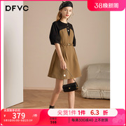 dfvc设计感假两件泡泡袖连衣裙女秋2022拼接收腰小个子a字裙