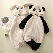 宝宝卡通小兔熊猫毛绒连体服婴幼儿可爱保暖衣小童连体家居服罩衣