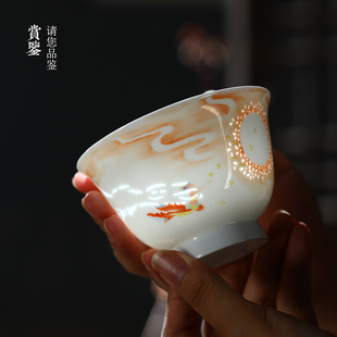 景德镇玲珑茶杯陶瓷，手绘功夫茶具，套装中秋节商务送礼长辈