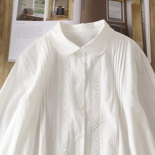 法式复古纯棉小娃娃领长袖衬衫，女小众拼接纯色白衬衣(白衬衣)通勤上衣叠穿