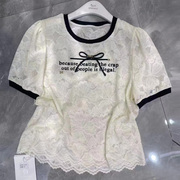 欧货时尚洋气拼色蕾丝衫T恤女夏季字母蝴蝶结提花短袖上衣潮