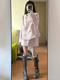 大码粉色减龄法式小香风套装女秋季高级感显瘦遮肉双排扣西装外套
