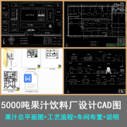 年产5000吨果汁饮料厂总平面图果汁工艺流程车间布置CAD图+说明图