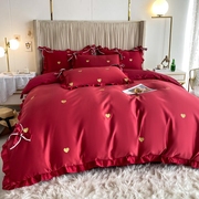 少女公主爱心刺绣，婚庆四件套大红色床单被套，全棉纯棉结婚床上用品