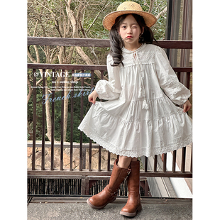 咸蛋虾米韩国春装女童波西米亚风白色连衣裙儿童公主长袖衬衫裙子