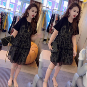 网红雪纺连衣裙，女2023年夏季韩版显瘦短袖，圆领拼接裙子潮