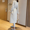 2023韩国白色菱形格棉衣女，中长款过膝收腰羽绒，棉服轻薄款外套