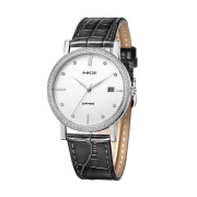 手表镶钻防水皮带女款男石英表，简约瑞士情侣手表对表不锈钢