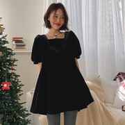 海外韩国东大门女装2023冬装，露背丝绒泡泡短袖连衣裙