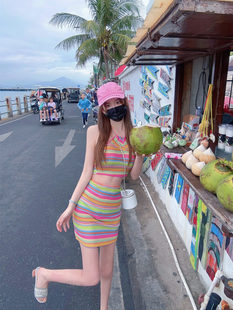 三亚海边旅行度假风沙滩裙性感辣妹露脐挂脖背心针织短裙两件套装