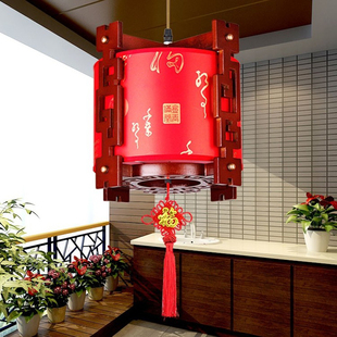 中式吊灯阳台过道走廊，茶楼实木吊灯喜庆乔迁红灯笼，led仿古羊皮灯