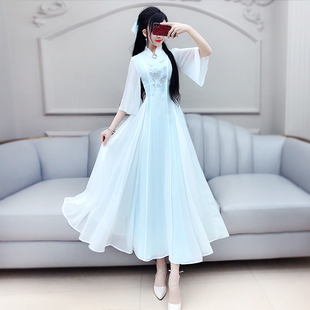 七七之缘白青色(白青色)银绣长裙夏季修身显瘦高腰仙女雪纺连衣裙