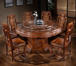 中式古典餐桌椅组合大户型，家具家用餐桌饭桌饭桌，实木雕花大圆餐桌