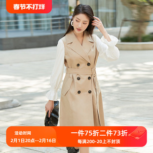 EMOO杨门2024春装风衣女中长款拼接双排扣外套女装直筒型
