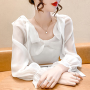 白色方领衬衫女2022春季喇叭，袖别致小衫法式蝴蝶结雪纺衫上衣
