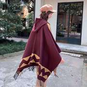 斗篷披肩带帽女春秋冬季西藏青海旅游保暖围巾，空调披肩两用民族风