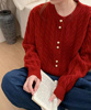 精致感毛衣复古麻花金扣毛衣，温柔针织开衫，设计感宽松红色上衣女