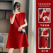 2022韩版夏季无袖孕妇大码红色中长款显瘦遮肚孕妇连衣裙夏装