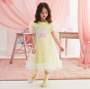 100-150韩系女童黄色卡通无袖裙+白色烫粉网纱罩裙两件套