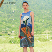 micartsy王紫珊2020夏季手工，立体花朵风景印花网纱无袖连衣裙