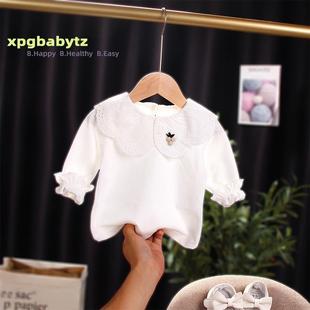 婴儿娃娃领白色打底衫2022春款女童翻领长袖t恤上衣女宝宝打底衫