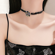 法式气质黑水晶玫瑰花朵项链女短款锁骨，链颈链欧美高级感潮项饰