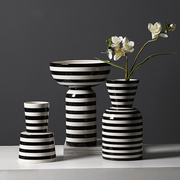 设计师艺术黑白条纹陶瓷花瓶，摆件大圆口客厅，餐桌家居软装饰品摆设