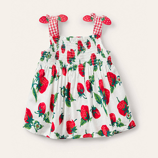 女童草莓吊带衫宝宝棉麻，夏装小儿童露背无袖，洋气娃娃裙衫上衣背心