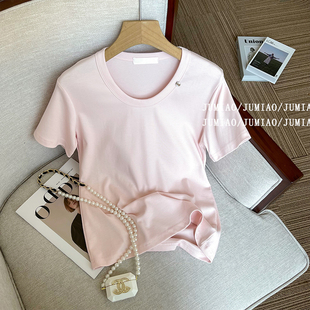 橘喵家粉色低圆领短袖T恤女2024夏季修身显瘦半袖打底衫上衣