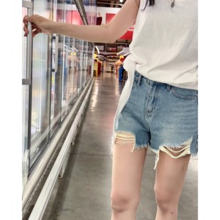 夏季破洞流苏复古蓝色牛仔短裤女设计感小众高腰阔腿A字修身