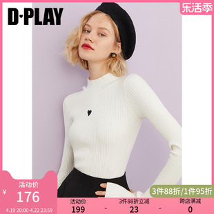 dplay秋装新复古(新复古)优雅白色刺绣，爱心针织衫时尚修身半高领毛衫