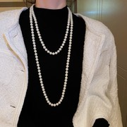 多层珍珠颈链女秋冬法式复古巴洛克毛衣链长款双层叠，戴项链(戴项链)高级感