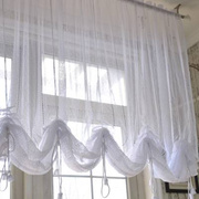 纯色 穿杆提拉i帘 扇形系带波浪帘 阳台隔断窗帘窗纱 半帘厨房帘