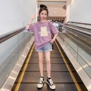 女童短袖T恤夏装2024洋气中大儿童韩版网红时髦夏季体恤上衣
