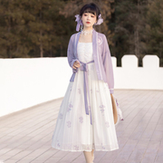 原创女中国风裙子紫色外披上襦吊带连衣裙两件套小清新碎花长裙夏