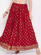 印度休闲半身裙舞蹈裙绵绸烫金印花百搭款民族风均码长裙 酒红色