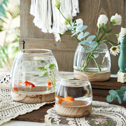 日式简约木托花瓶透明玻璃客厅插花摆件水养植物绿萝水培生态鱼缸