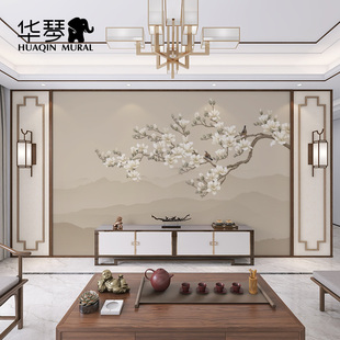 新中式一枝独秀玉兰花鸟电视背景墙壁纸客厅卧室餐厅，墙纸墙布壁画