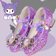 女童高跟鞋春秋库洛米，童鞋儿童紫色公主水晶，软底单鞋小孩子皮鞋