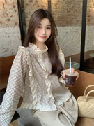 法式复古格子长袖衬衫，女韩版蕾丝花边，设计甜美宽松上衣