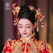 中式红色新娘凤冠头饰，古装流苏秀禾服发饰，结婚婚礼礼服配饰品
