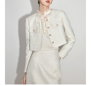早春三件套法式高级感白色小xiang风短外套女复古轻奢显瘦套装裙