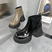 厚底防水台坡跟短靴2023欧洲站秋冬踝靴高跟真皮切尔西女靴子