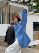 新年蓝色长袖polo领衬衫女装秋季韩版宽松中长款bf风衬衣叠穿内搭