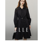 ELLE黑色设计感镂空系带连衣裙女2024春装垂坠感高端精致裙子