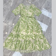 小清新绿色印花双绉真丝腰带连衣裙宽松版型飘逸大摆长裙2023夏季