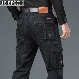 jeep吉普秋冬厚款多口袋牛仔裤，男士户外工装裤宽松直筒牛仔长裤子
