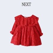 NEXT新生婴幼儿女童春秋装连衣裙衣服周岁满月女宝宝红色蕾丝裙子